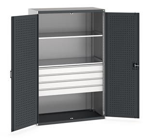 Bott cubio kitted cupboard with lockable steel perfo lined doors 1050mm wide x 650mm deep x 2000mm high.  Supplied with 4 x 125mm high drawers and 2 x metal shelves.   Drawer capacity 75kgs, shelf capacity 160kgs. ... 1300mm Wide 650mm deep Bott Cubio Cupboards